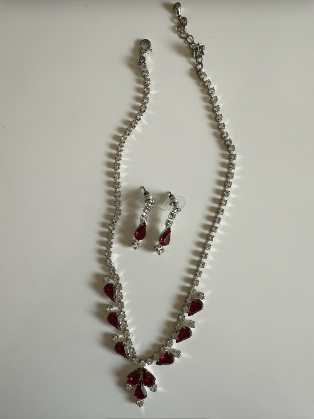 Deep Red Crystal Drop Necklace & Earring Set - Silver Tone